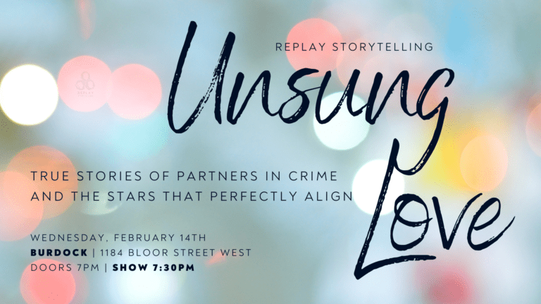 A poster image for the storytelling show Unsung Love, featuring trues stories of partners in crime and the stars that perfectly align.