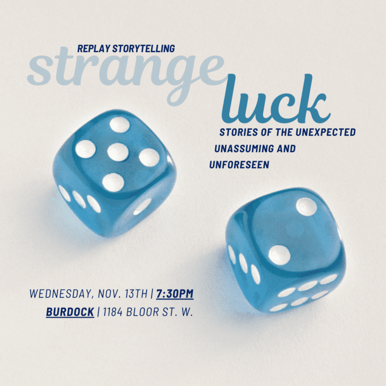 A graphic for the show Replay Storytelling presents Strange Luck.