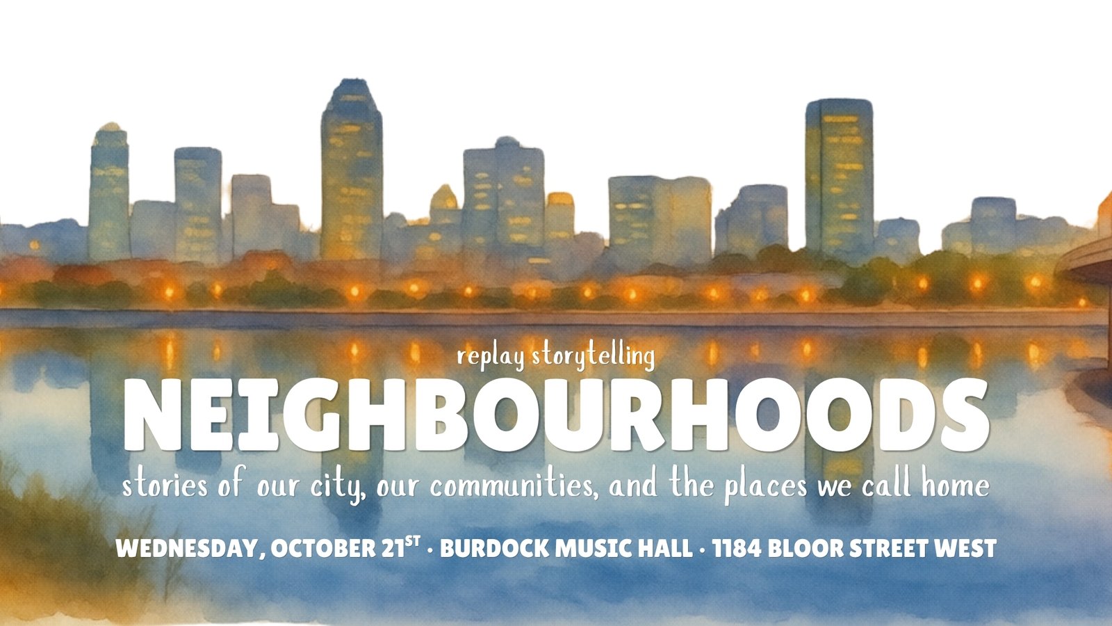 A poster featuring an illustrated cityscape of Montreal. With the show title Neighbourhoods
